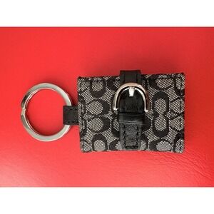 Vintage Y2K Coach Photo Key Chain Ring Jaquard Black Grey Leather Mini Rare